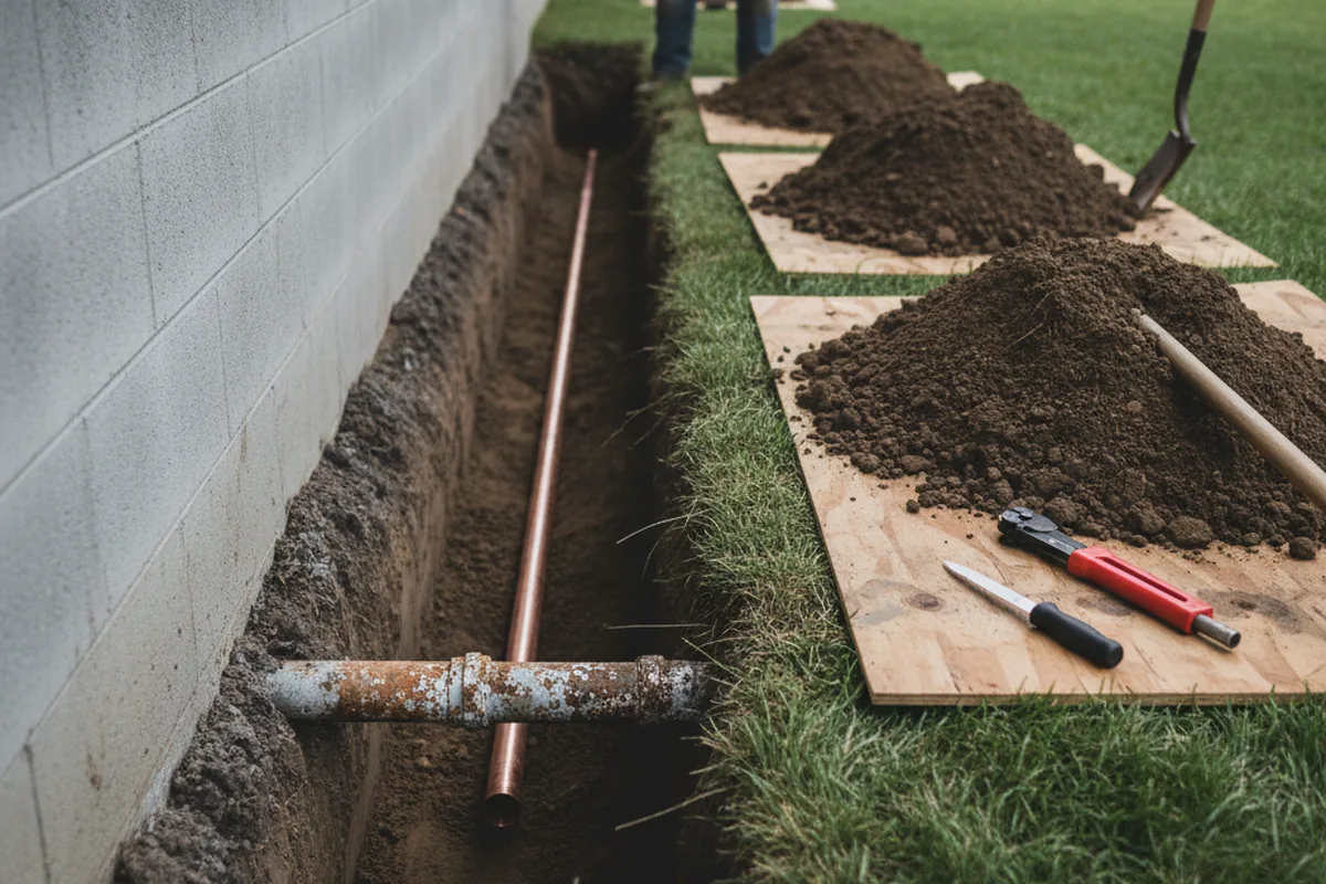 Excavated water line trench during Water Heater Repair in Clifton Heights